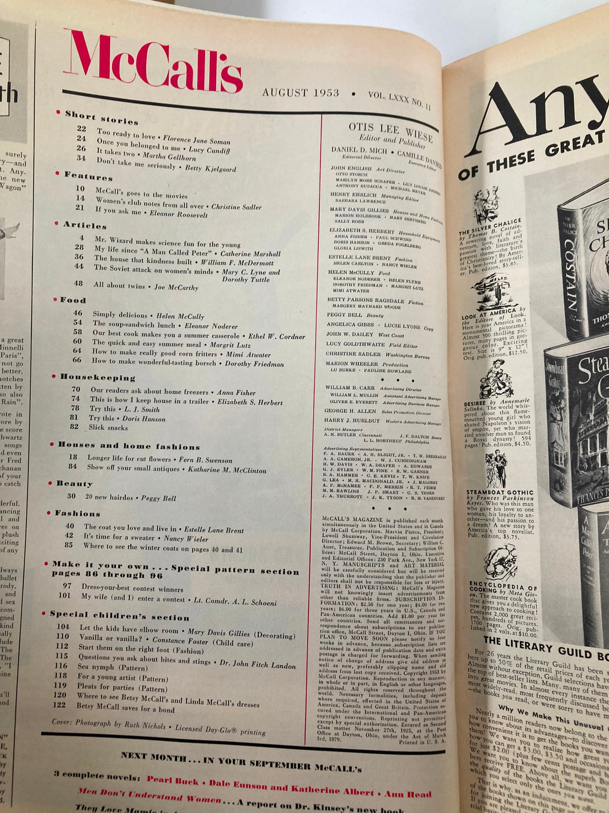 Table of contents for VTG McCall's Magazine August 1953, outlining articles, features, and sections including 'My Life Since A Man Called Peter'.