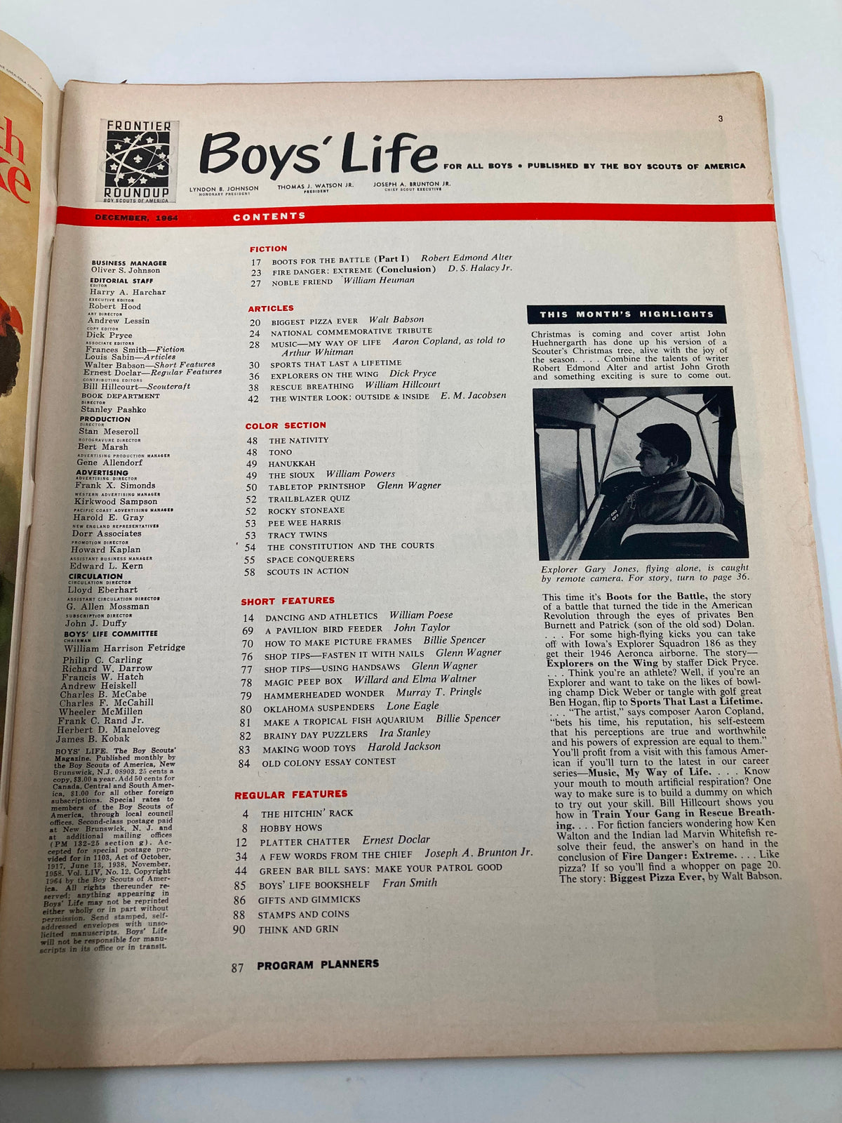 VTG Boys' Life Magazine December 1964 inside contents page displaying a list of articles and features, highlighting the magazine's focus on adventure and creativity for young readers.