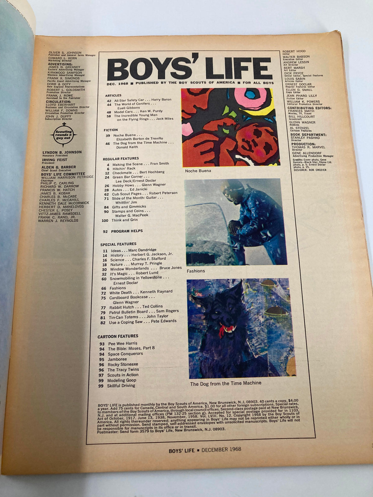 Inside page of the VTG Boys' Life Magazine December 1968 displaying the table of contents showcasing features like 'The Dog from The Time Machine'. Highlights include fiction and articles for young readers.