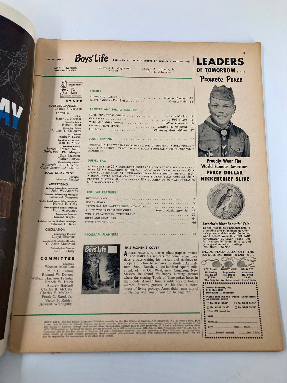 Inside page of VTG Boys' Life Magazine October 1962 displaying the table of contents and features, underlining the magazine's dedication to stories, photography, and youth exploration.