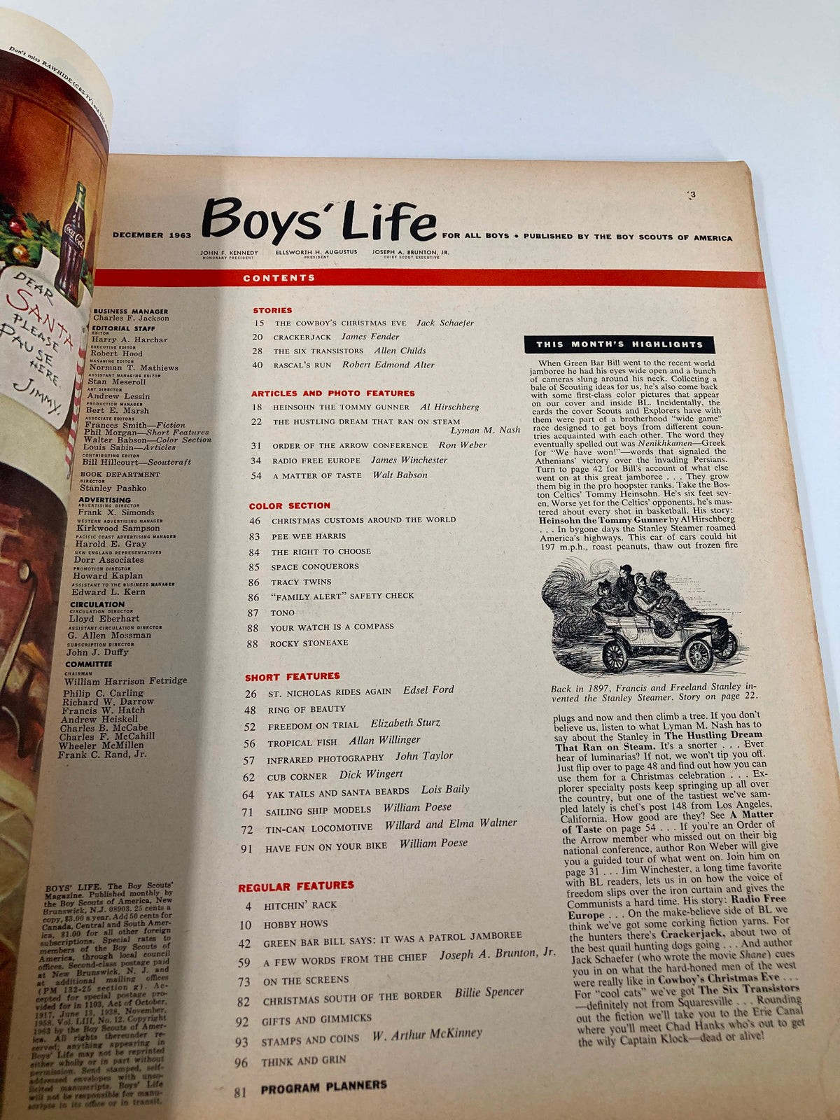 Inside page of Boys' Life Magazine December 1963 showcasing the table of contents, including various articles and features, reflecting themes of goodwill and youth activities.