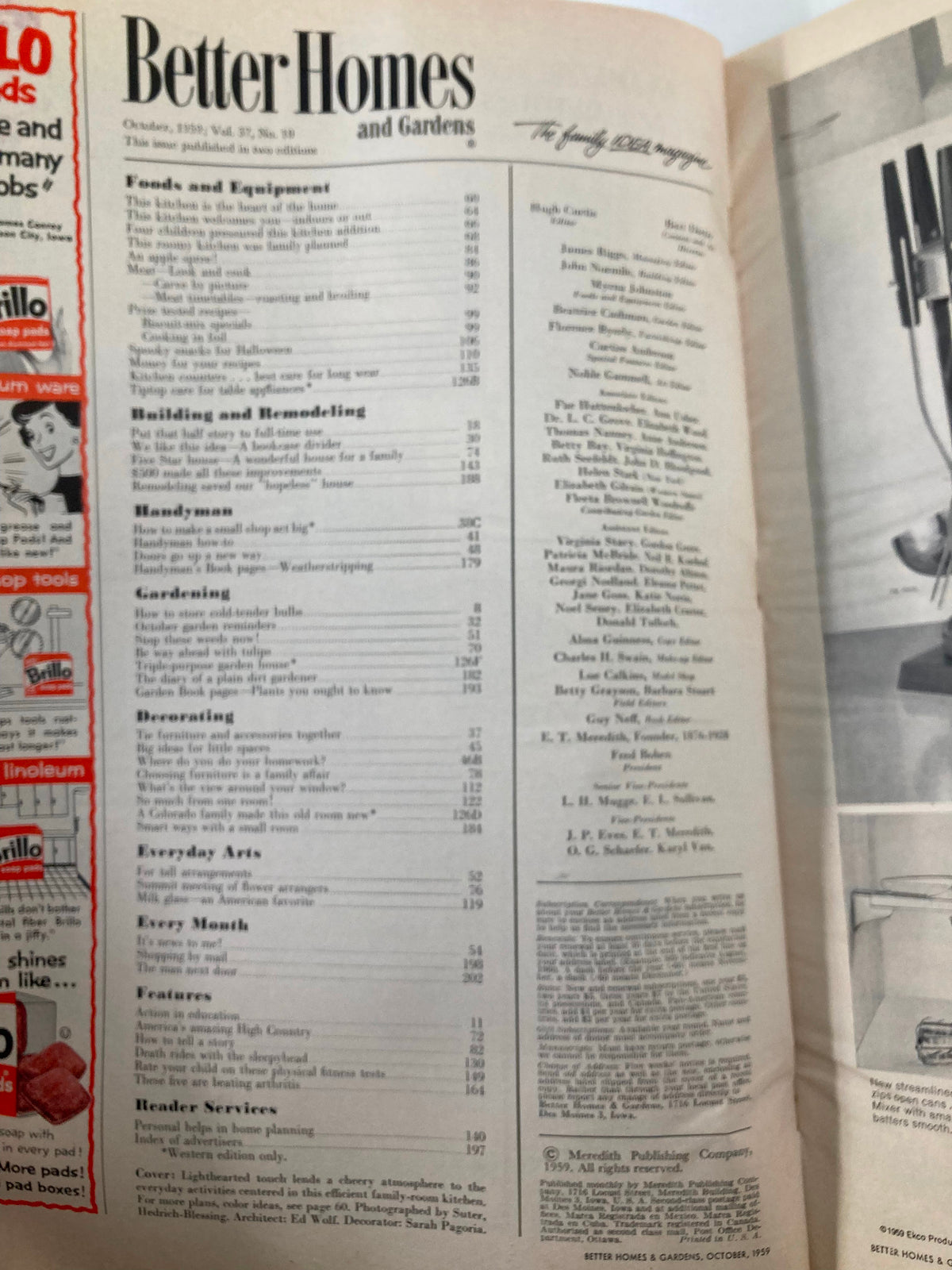 Table of contents from VTG Better Homes & Gardens Magazine October 1959, listing features on home cooking, remodeling, and family activities, reflecting vintage home living.