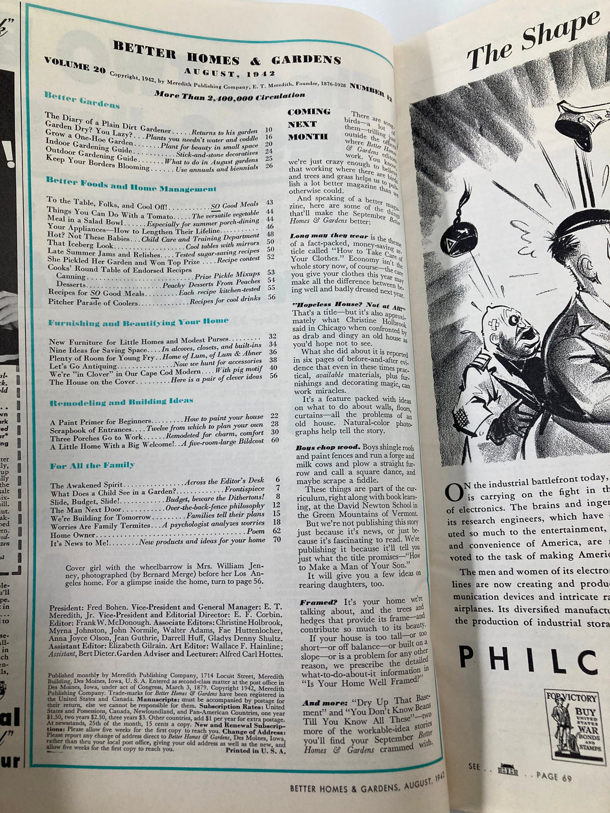 Inside page of the VTG Better Homes & Gardens Magazine August 1942 displaying the table of contents, highlighting articles on painting, gardening, and home management.