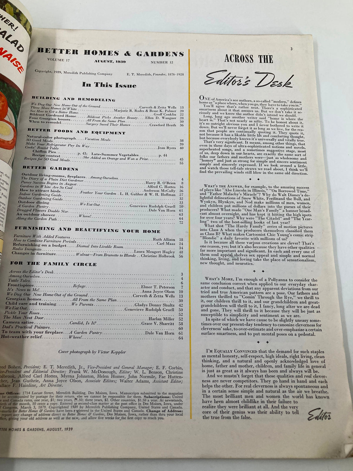 Interior page of the Better Homes & Gardens Magazine from August 1939 detailing the table of contents, highlighting innovative articles including "We Dug Our House Of The Ground".