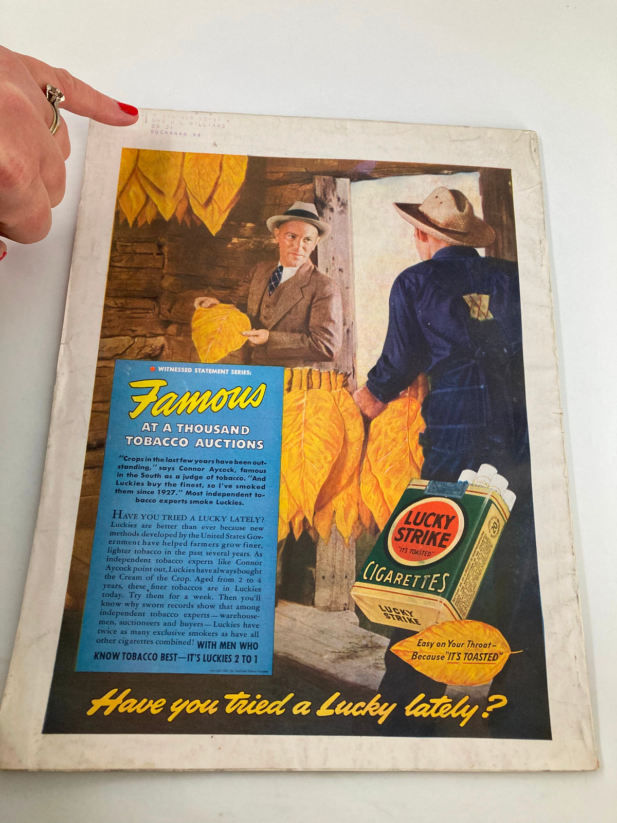 Back cover of the Better Homes & Gardens Magazine from August 1939, featuring an advertisement for Lucky Strike cigarettes with a vintage illustration.