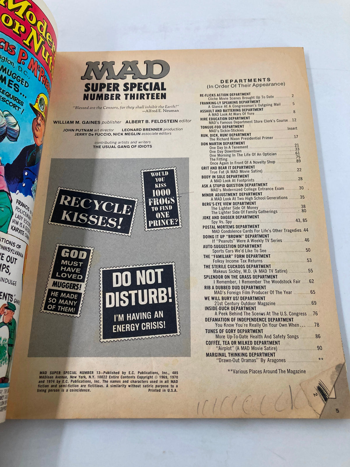 Inside page of Mad Magazine No. 13 displaying the magazine's title 'MAD SUPER SPECIAL NUMBER THIRTEEN' and the contents list, reflecting the humor of 1974.