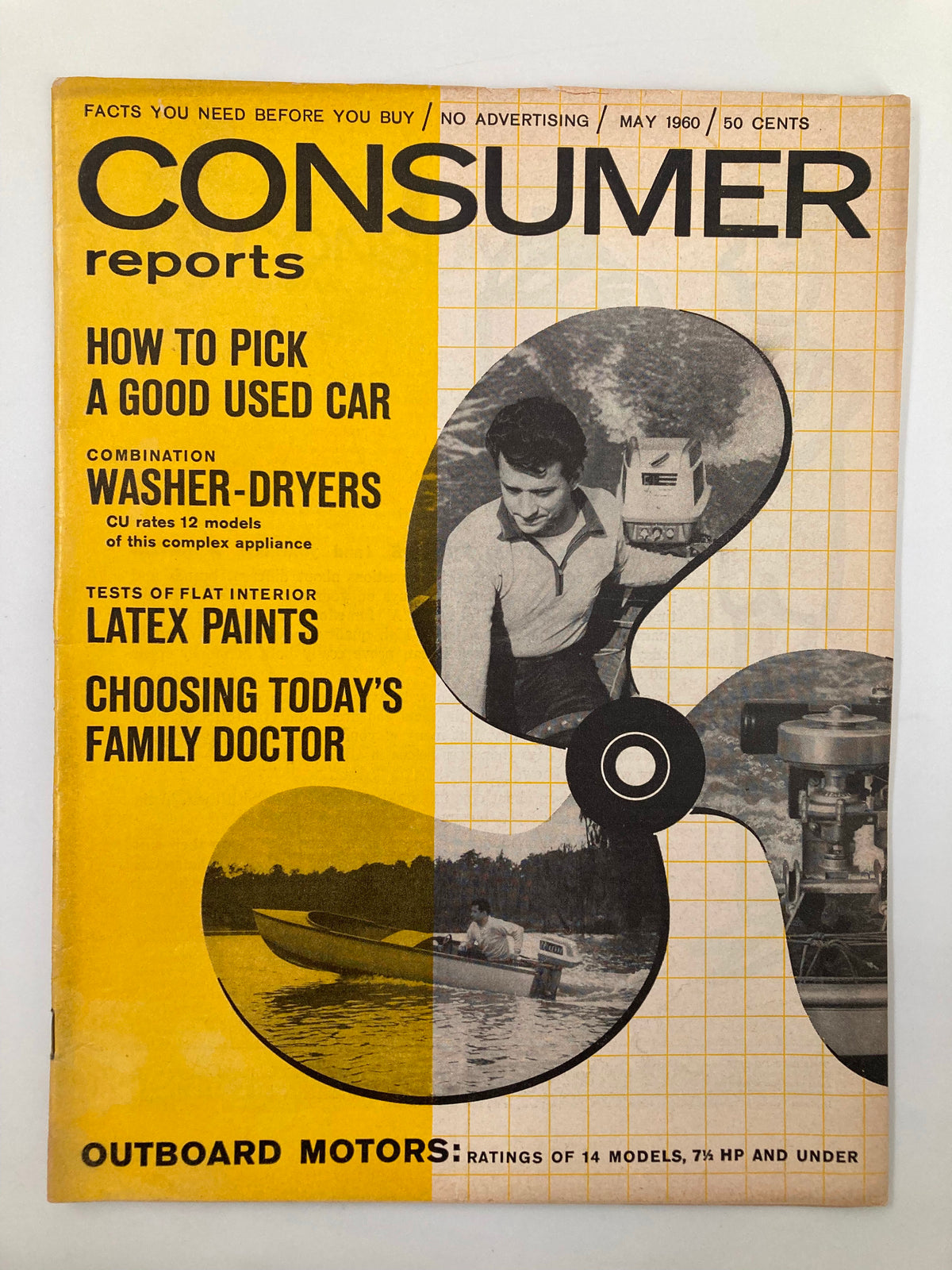 Cover of VTG Consumer Reports Magazine May 1960 featuring the article 'How To Pick A Good Used Car' with a vintage design and images reflecting automotive culture of the era.