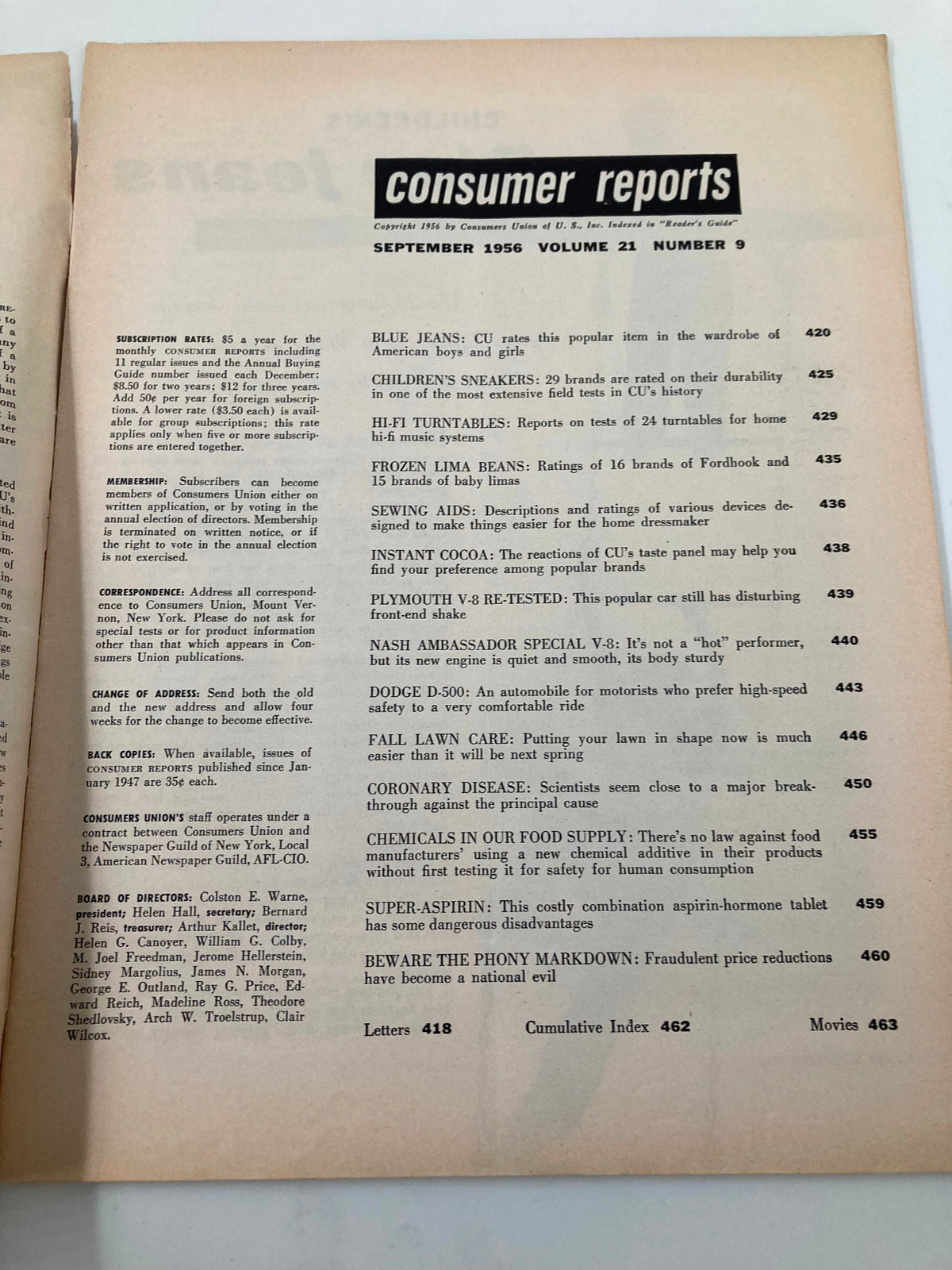 Inside page of the September 1956 Consumer Reports Magazine detailing articles on children's clothing, hi-fi turntables, and automotive performance evaluations.