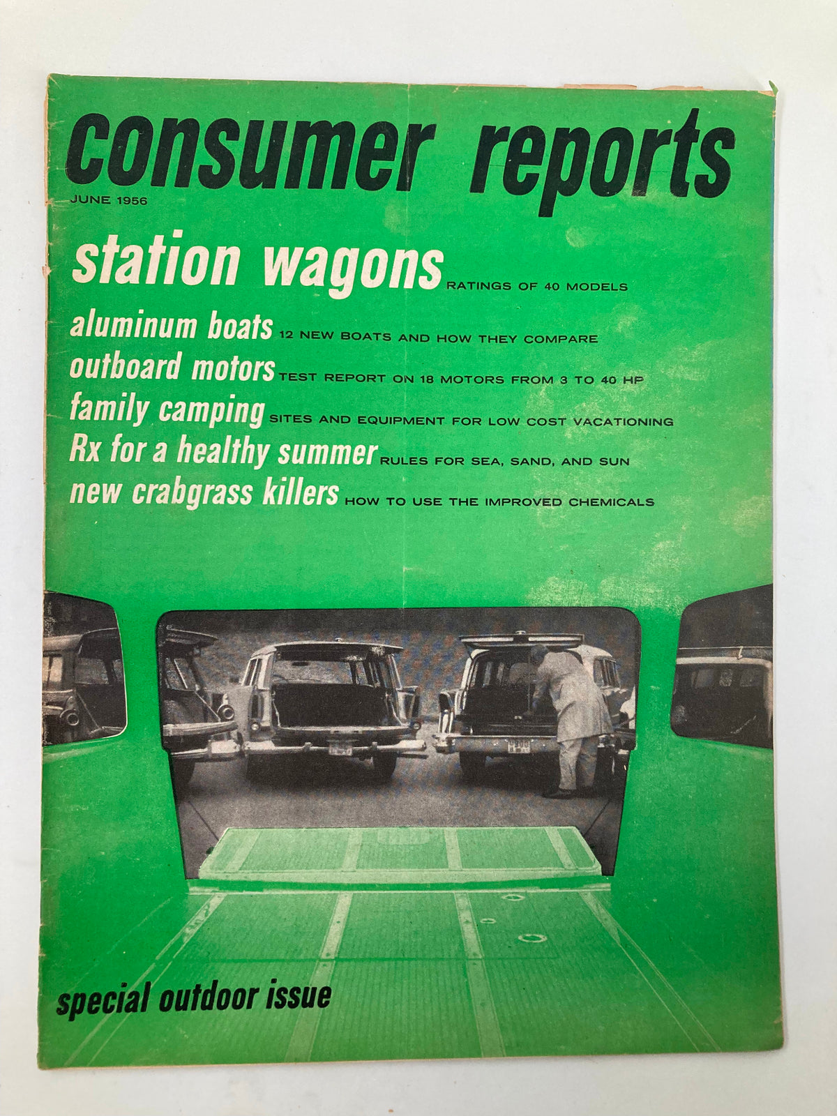 VTG Consumer Reports Magazine June 1956 cover featuring station wagons, showcasing ratings of 40 models, with a vibrant green background and images of classic vehicles.