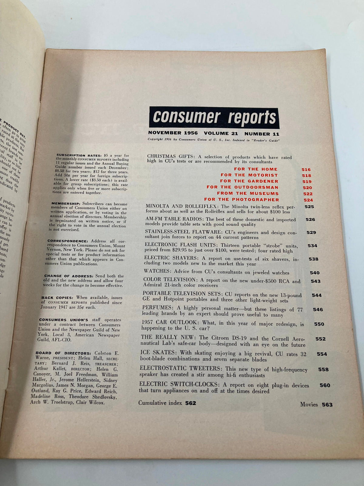 Interior page of the VTG Consumer Reports Magazine November 1956, detailing subscription rates and features of Minolta and Rolleiflex cameras alongside Christmas gift recommendations.