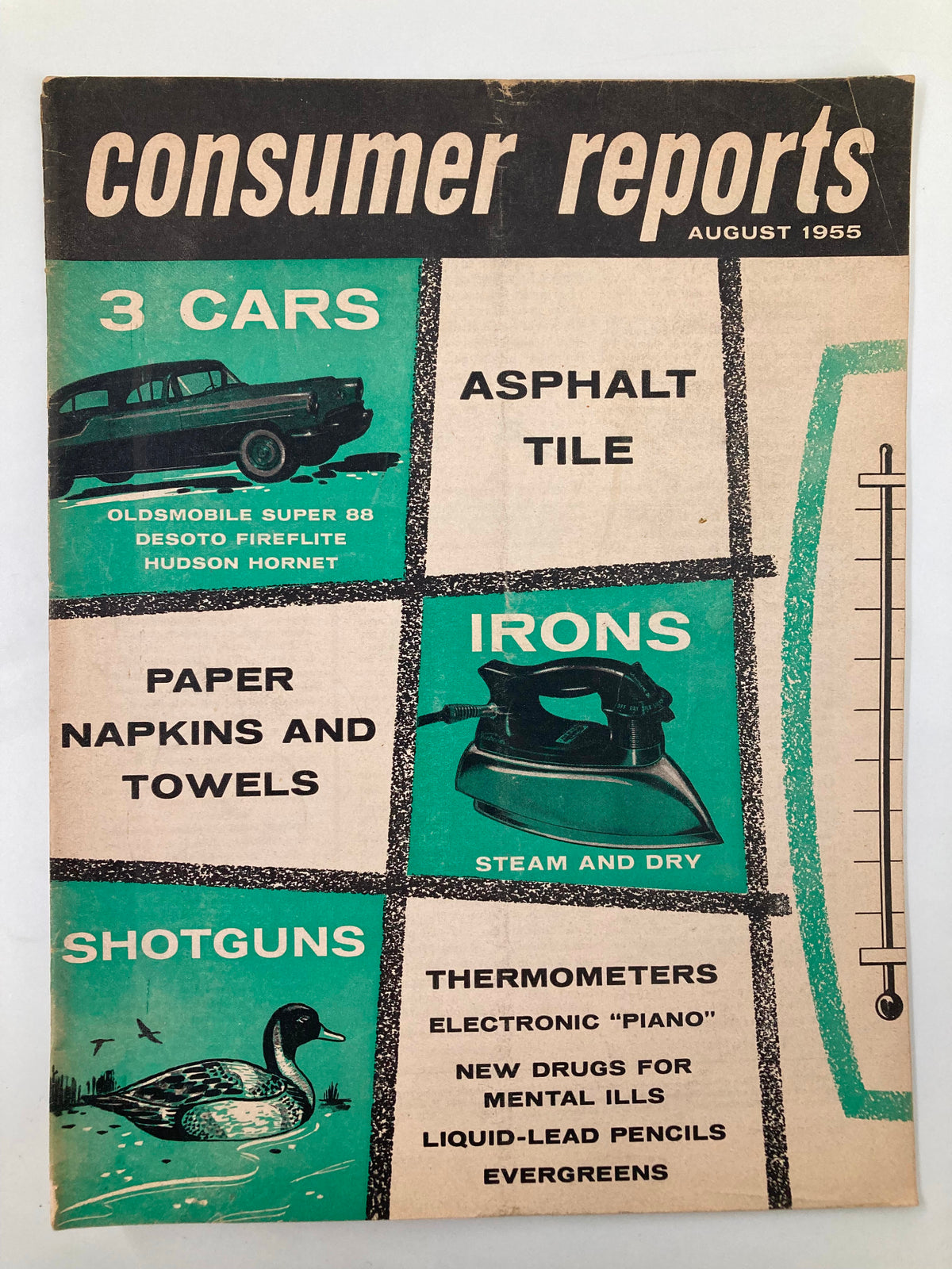 Cover of the August 1955 Consumer Reports magazine featuring Oldsmobile Super 88, DeSoto Fireflite, and Hudson Hornet, highlighting various product reviews and consumer insights.