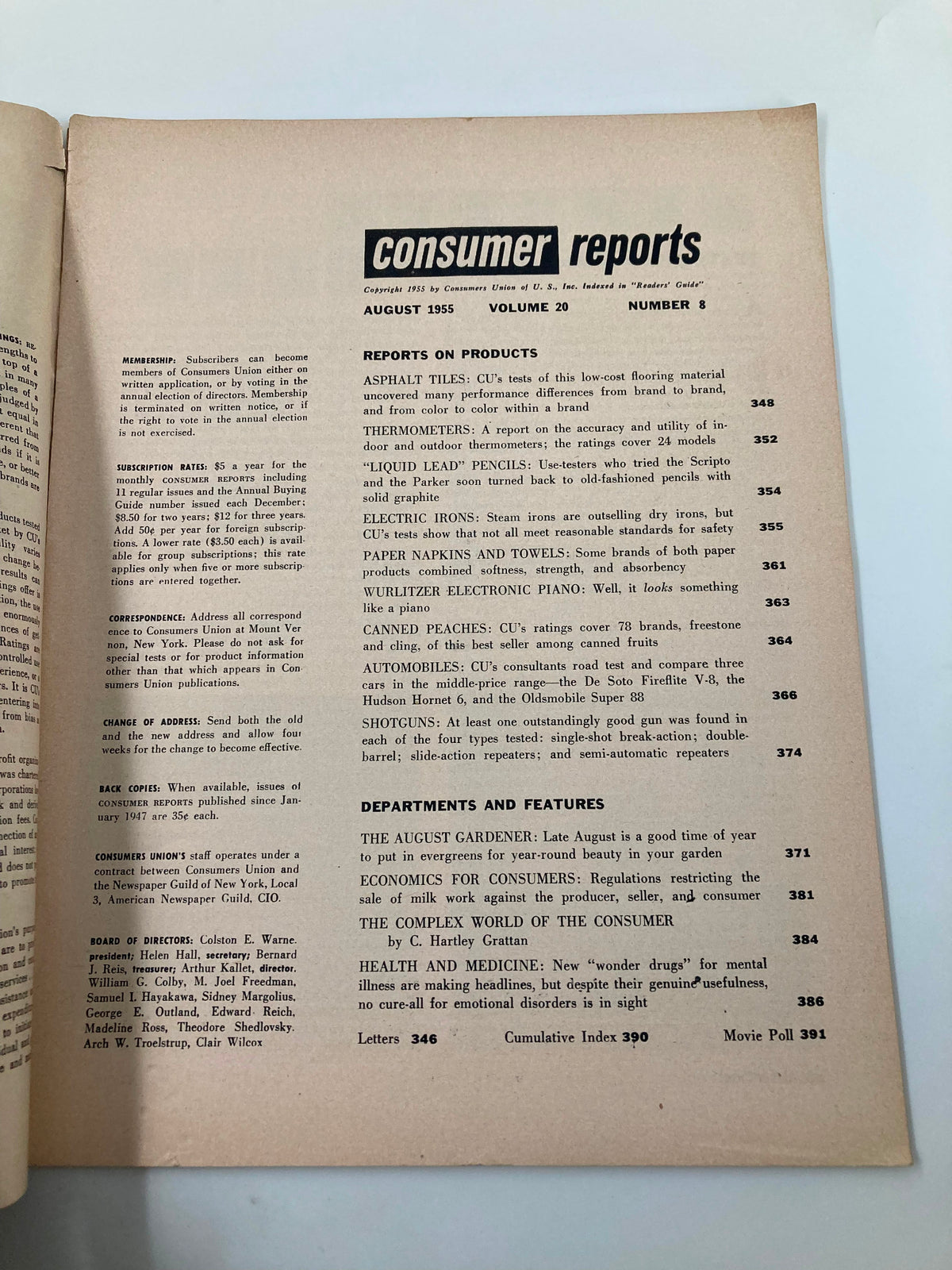 Interior page of the August 1955 Consumer Reports magazine, showcasing reports on products including automobiles, featuring the Oldsmobile Super 88.