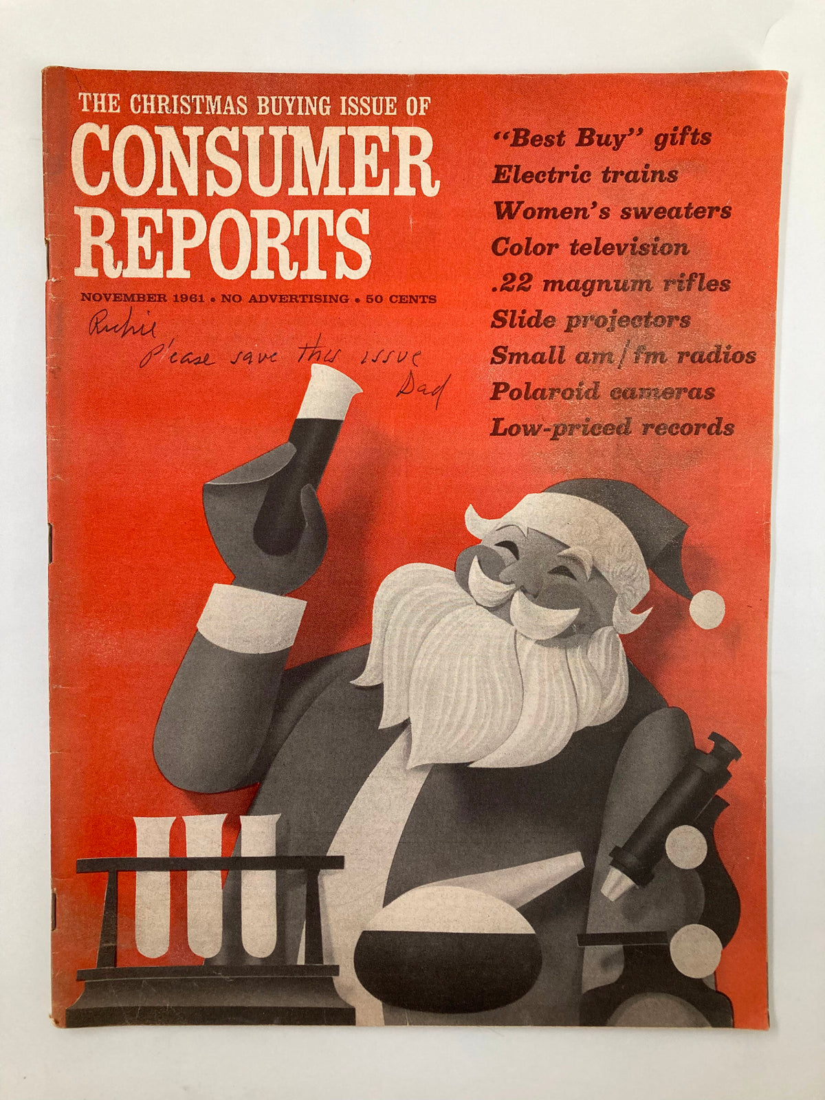 VTG Consumer Reports Magazine November 1961 cover featuring Santa Claus with festive product highlights for holiday shopping, titled 'The Christmas Buying Issue'.