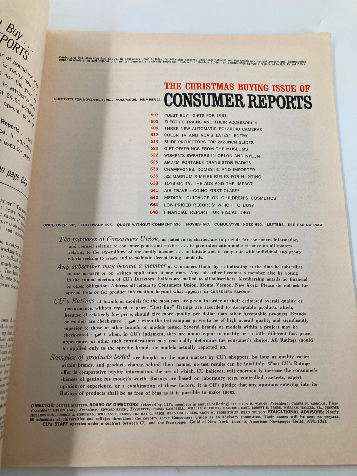 Contents page of VTG Consumer Reports Magazine November 1961, The Christmas Buying Issue, featuring listings of articles and product reviews relevant to holiday shopping.