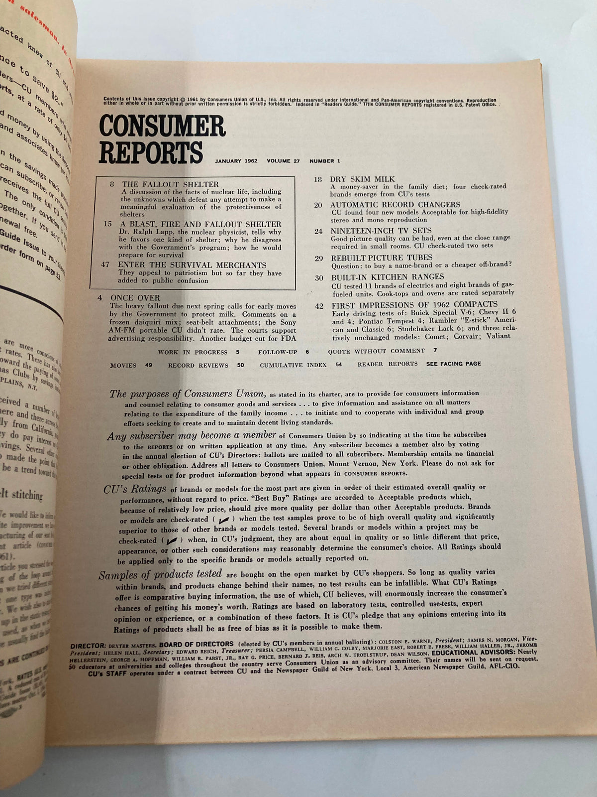 Table of contents from the January 1962 edition of Consumer Reports Magazine, highlighting articles related to 'The Fallout Shelter' and various consumer products, relevant to the title 'VTG Consumer Reports Magazine January 1962 The Fallout Shelter No Label'.