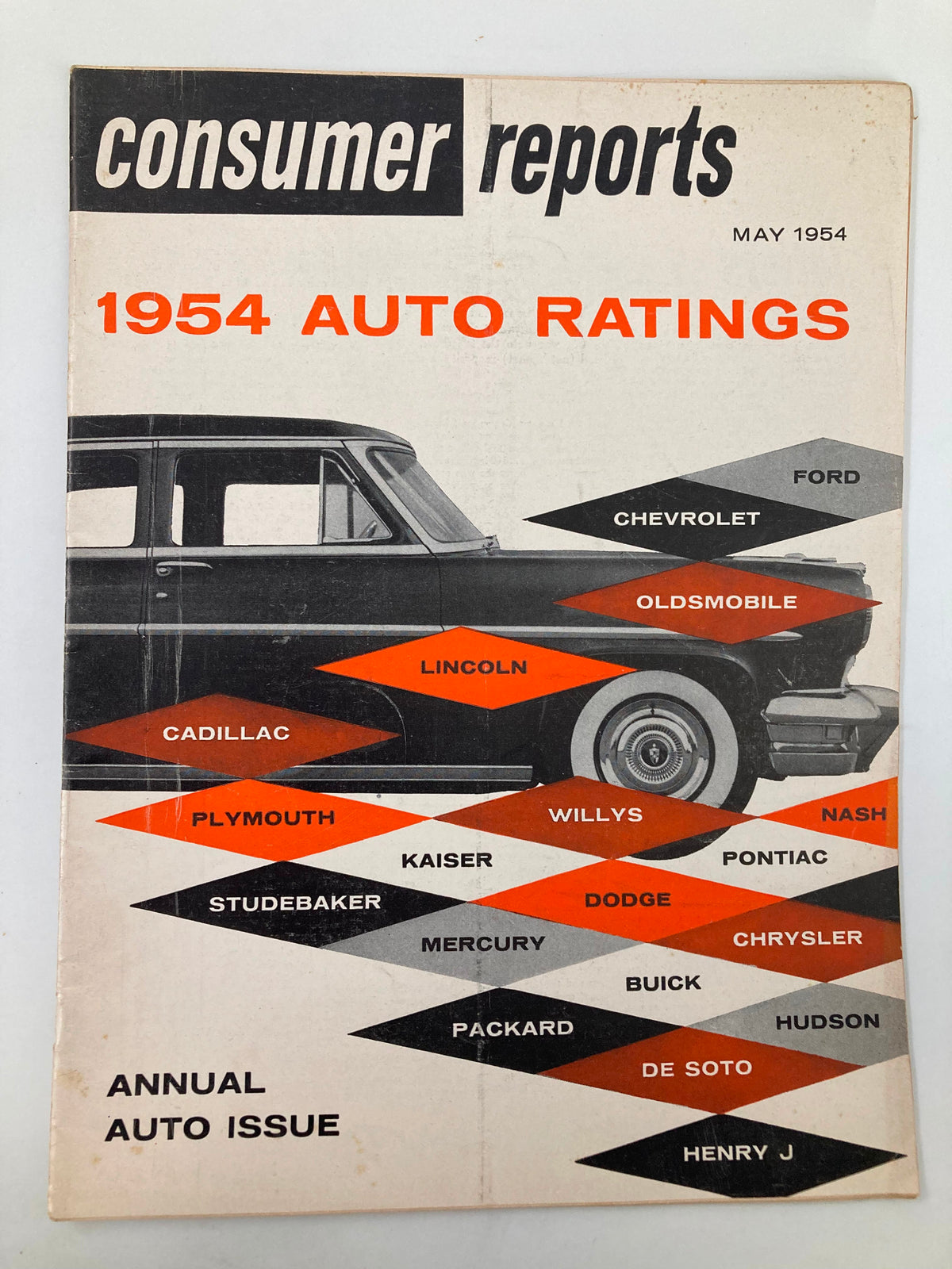 Cover of VTG Consumer Reports Magazine May 1954 Annual Auto Issue featuring 1954 Auto Ratings with car brands listed including Chevrolet, Ford, Oldsmobile, and more.