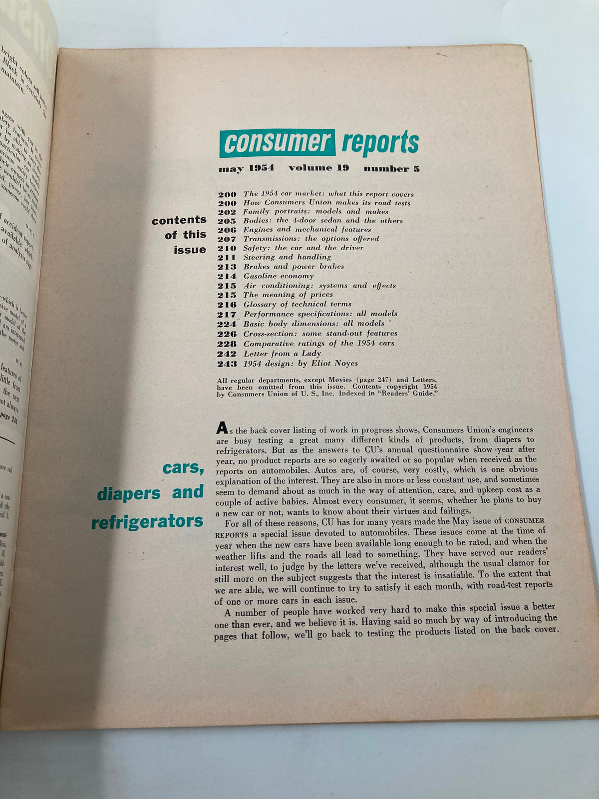 Inside pages of VTG Consumer Reports Magazine May 1954 Annual Auto Issue, featuring contents and articles on automotive ratings and consumer insights.