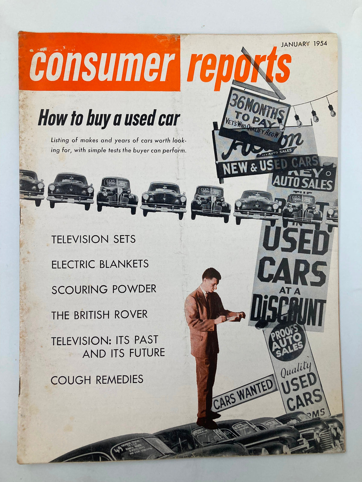 Cover of VTG Consumer Reports Magazine January 1954 featuring topics like television sets, electric blankets, and how to buy a used car.