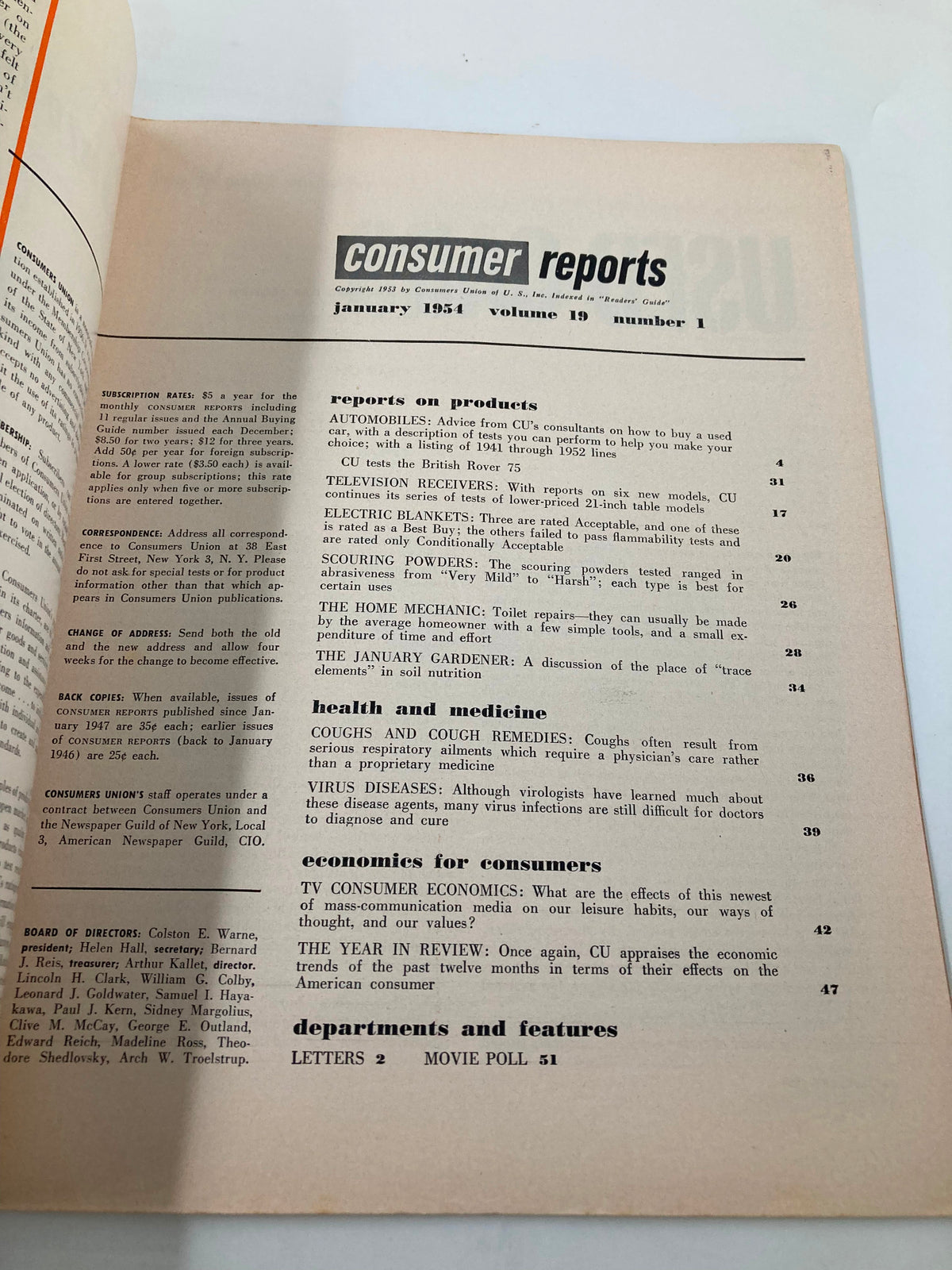 Inside page of VTG Consumer Reports Magazine January 1954 listing contents including television technology and health articles.