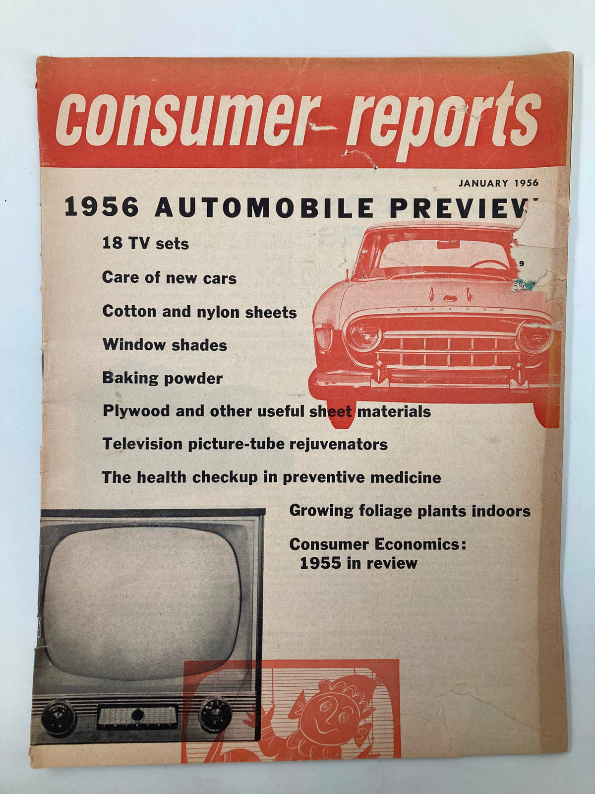 Front cover of the VTG Consumer Reports Magazine January 1956 featuring articles on 1956 automobiles, television sets, and a section on growing foliage plants indoors. The design reflects mid-century style with bold typography and images.