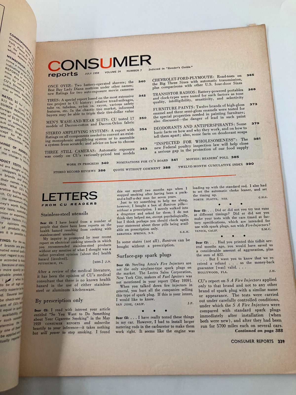 Inside page of VTG Consumer Reports Magazine July 1959, showcasing articles and reviews including Chevrolet, Ford, and Plymouth vehicles. This issue features consumer insights and product evaluations from the late 1950s era, highlighting the automotive landscape of the time.