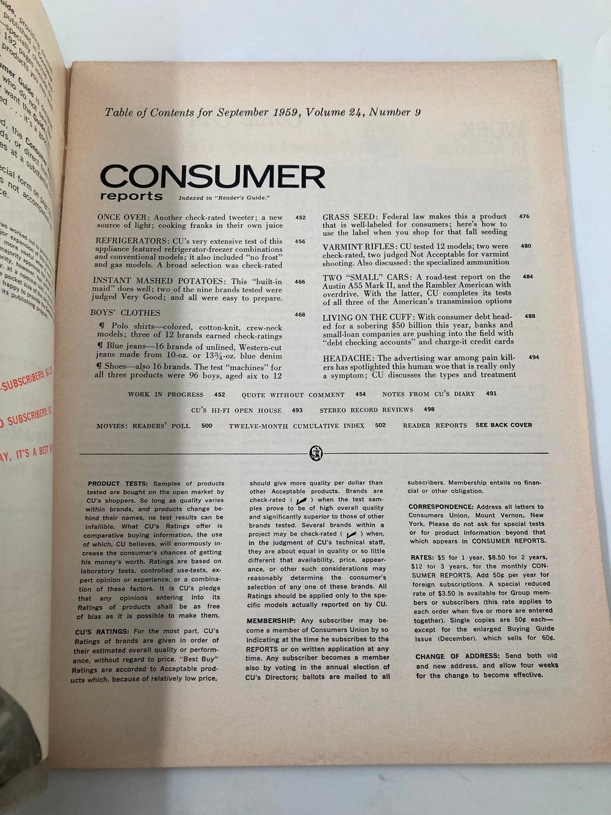 Table of contents page from the VTG Consumer Reports Magazine September 1959 displaying various topics including headache treatments, product tests, and consumer ratings.