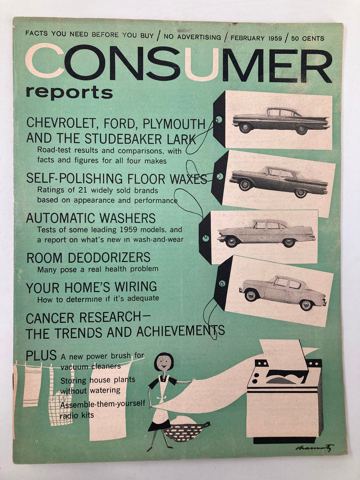 Front cover of VTG Consumer Reports Magazine February 1959 featuring articles on cancer research trends, automotive road tests for Chevrolet, Ford, Plymouth, and Studebaker, and other consumer insights.