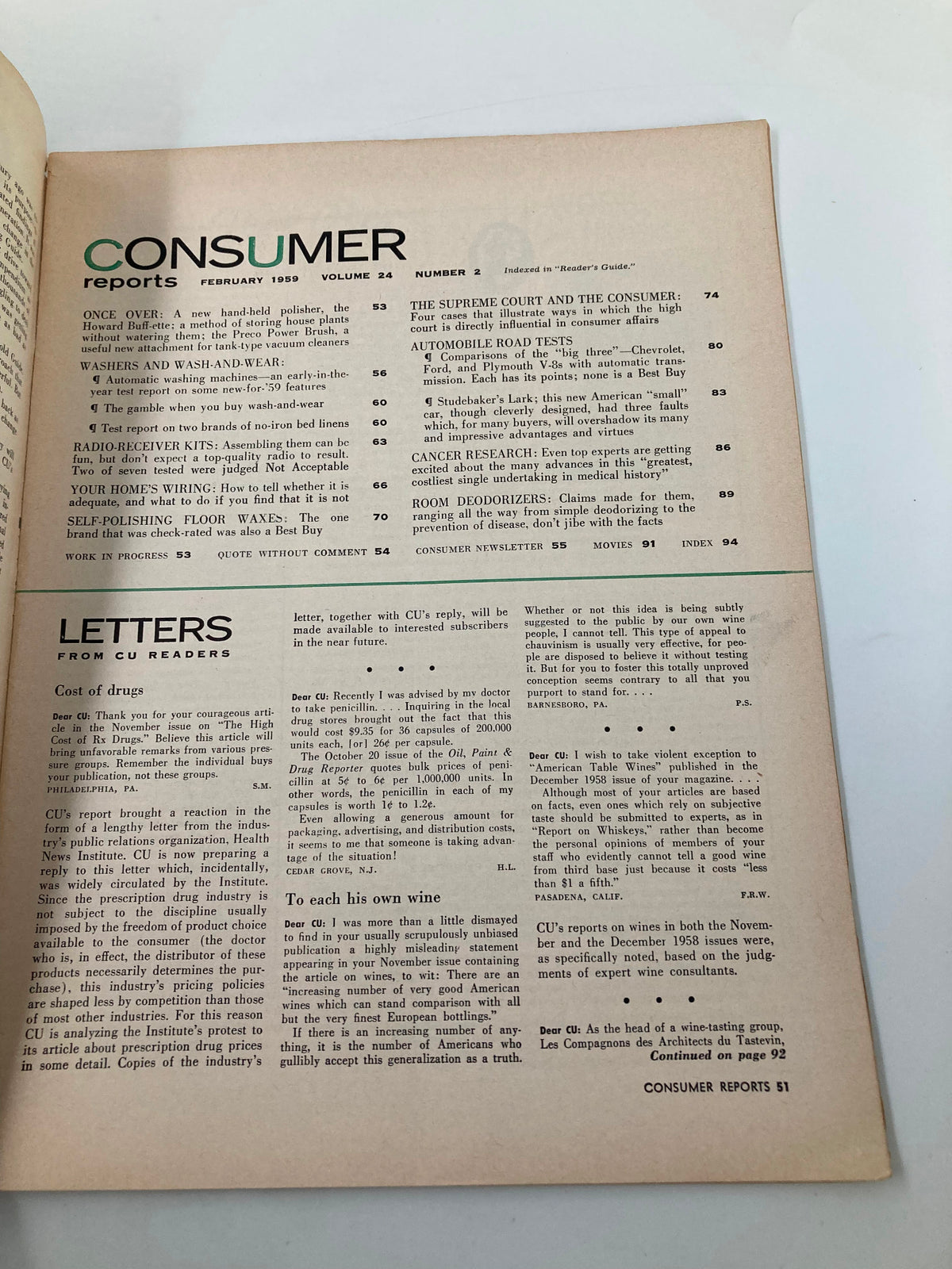 Inside page of VTG Consumer Reports Magazine February 1959 showing the table of contents that includes features on cancer research, automatic washers, and letters from readers.