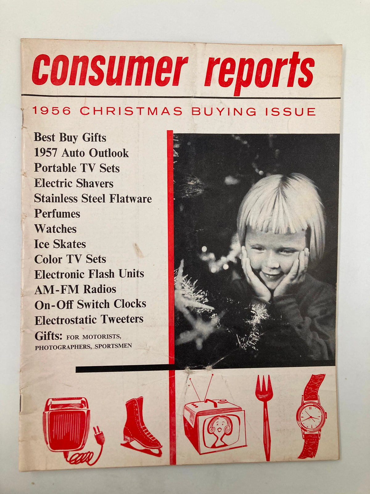 VTG Consumer Reports Magazine 1956 Christmas Buying Issue cover featuring a smiling child, showcasing holiday gift recommendations including Best Buy Gifts, Portable TV sets, and Electric Shavers.