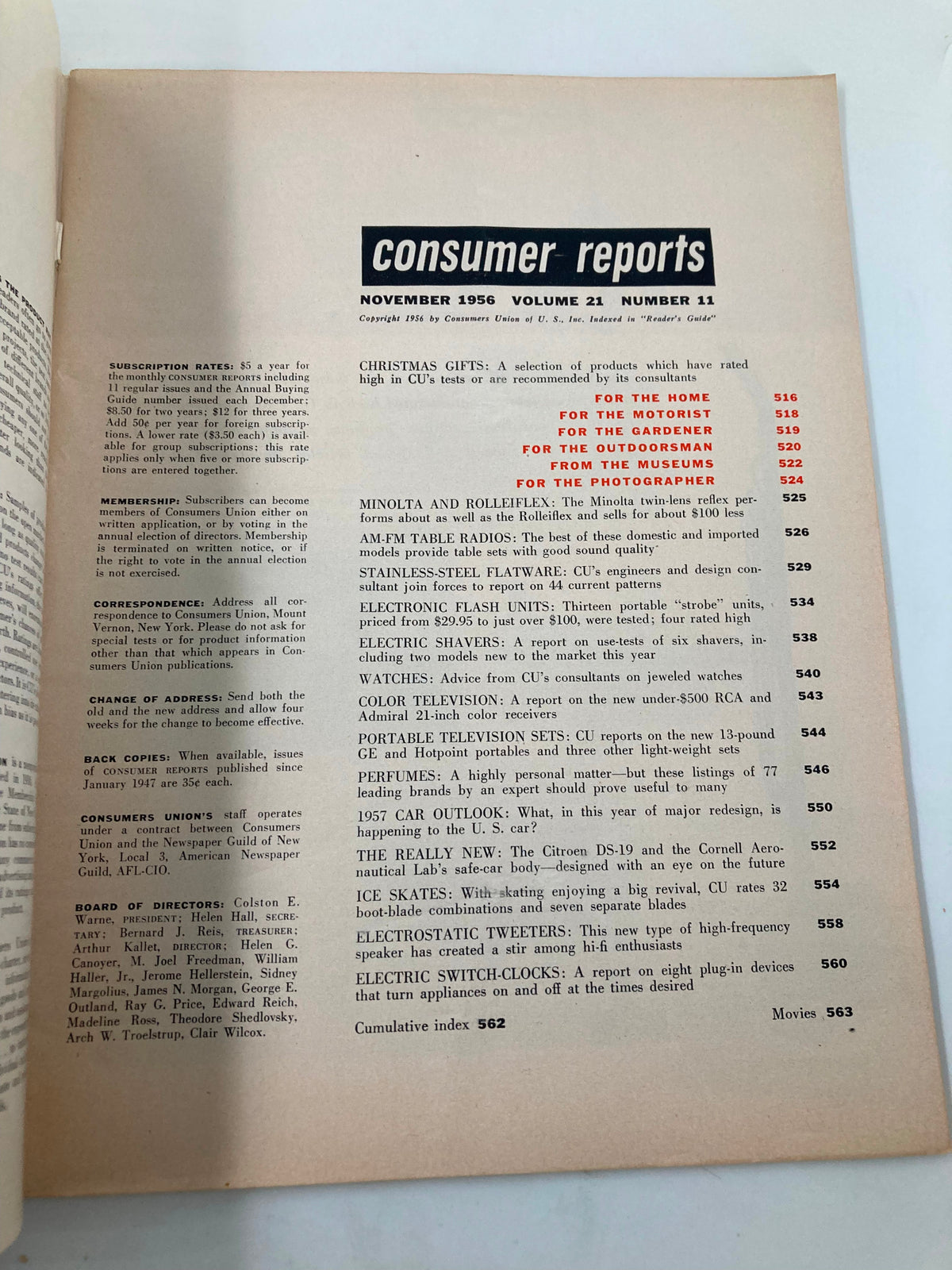 VTG Consumer Reports Magazine 1956 Christmas Buying Issue inside page listing subscription rates, membership information, and featured product categories such as Christmas gifts for the home and photographer.