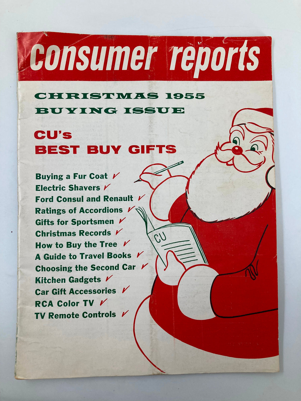 Cover of VTG Consumer Reports Magazine 1955 CU's Best Buy Gifts Guide, featuring Santa Claus and a list of gift recommendations including Christmas items, electric shavers, and more.
