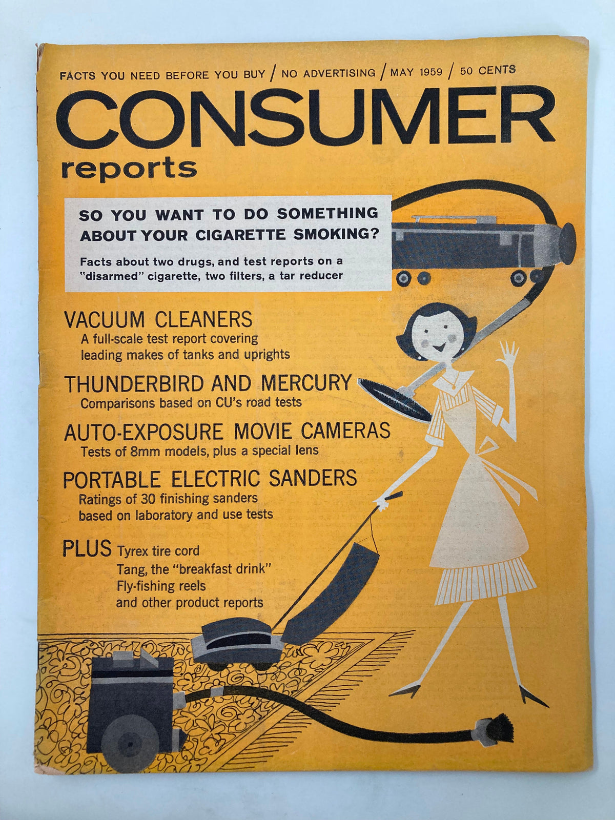 Cover of Vintage Consumer Reports Magazine from May 1959 featuring articles on Thunderbird and Mercury cars, vacuum cleaners, and auto-exposure movie cameras. Published by Original Magazines, this issue highlights consumer research and trends in mid-20th century America.