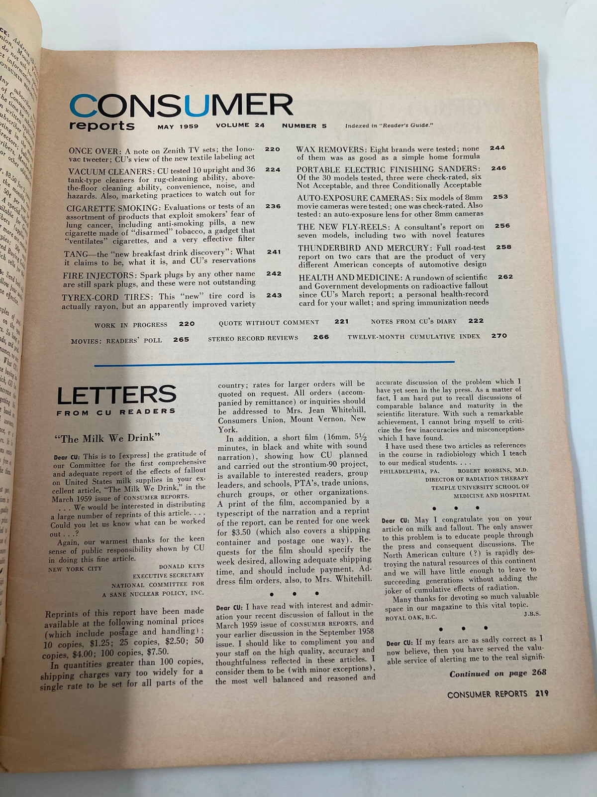 Interior page from Vintage Consumer Reports Magazine May 1959, detailing various product reviews, including vacuum cleaners and other household items. This issue is a significant historical reference for automotive and consumer product evaluation.
