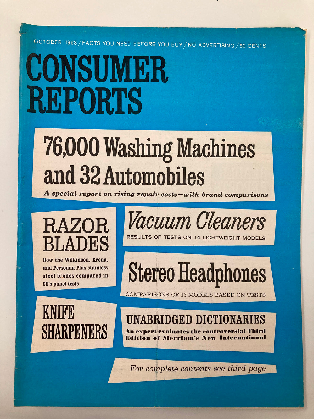 Cover of VTG Consumer Reports Magazine from October 1963 featuring a stereo headphones comparison and articles on various consumer products including washing machines and vacuum cleaners.