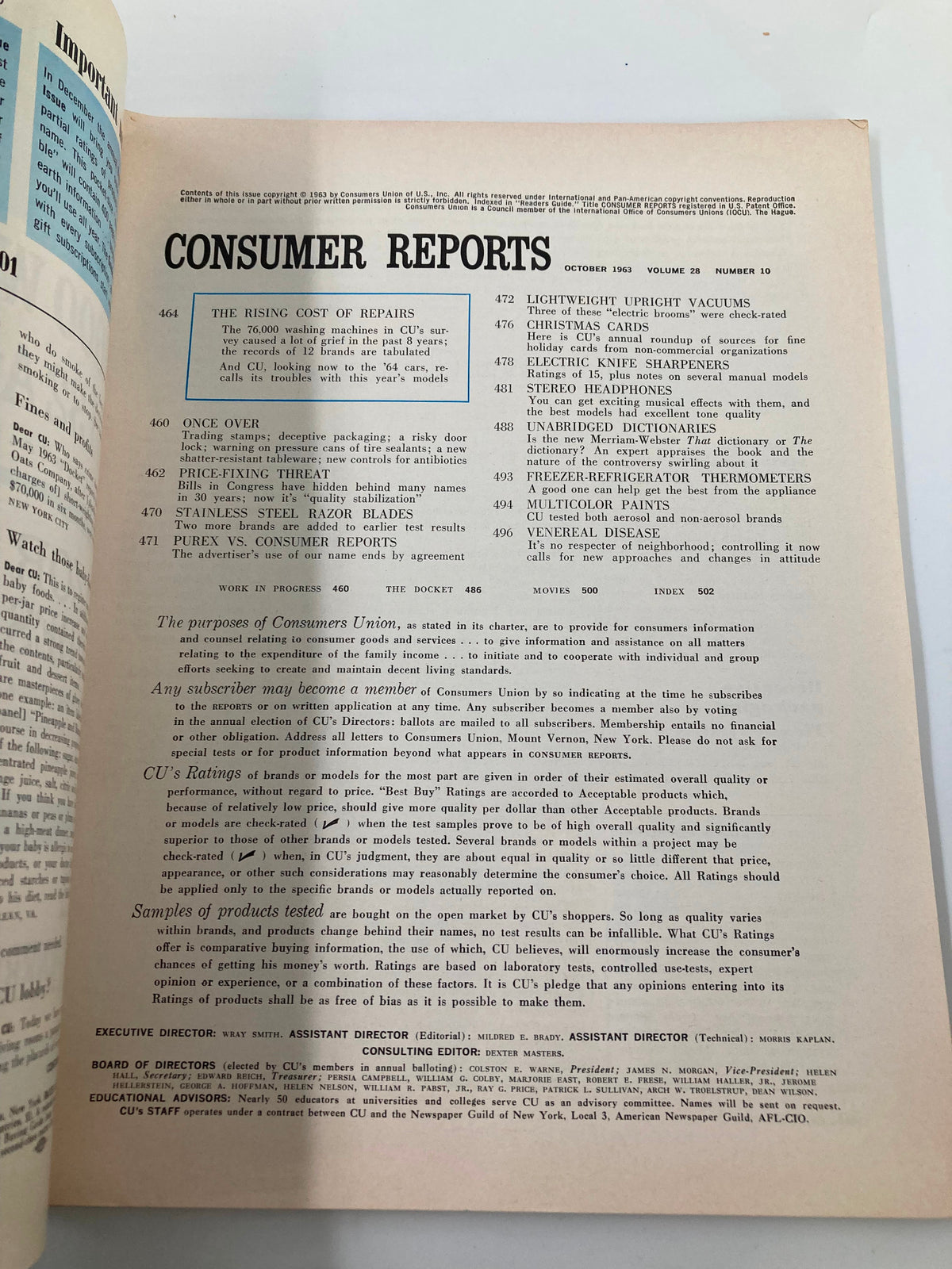 Inside page of VTG Consumer Reports Magazine, October 1963, presenting the table of contents and articles including stereo headphones and consumer advice.