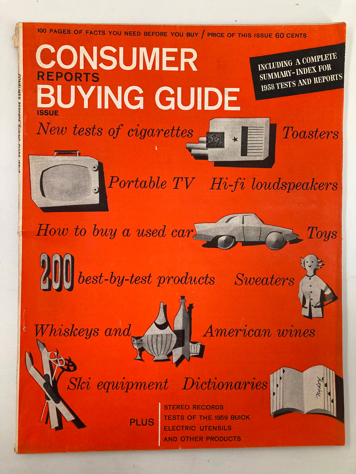 Consumer Reports Magazine December 1958 cover showcasing the Buying Guide theme, featuring articles on new tests of various consumer products including toasters and portable TVs.