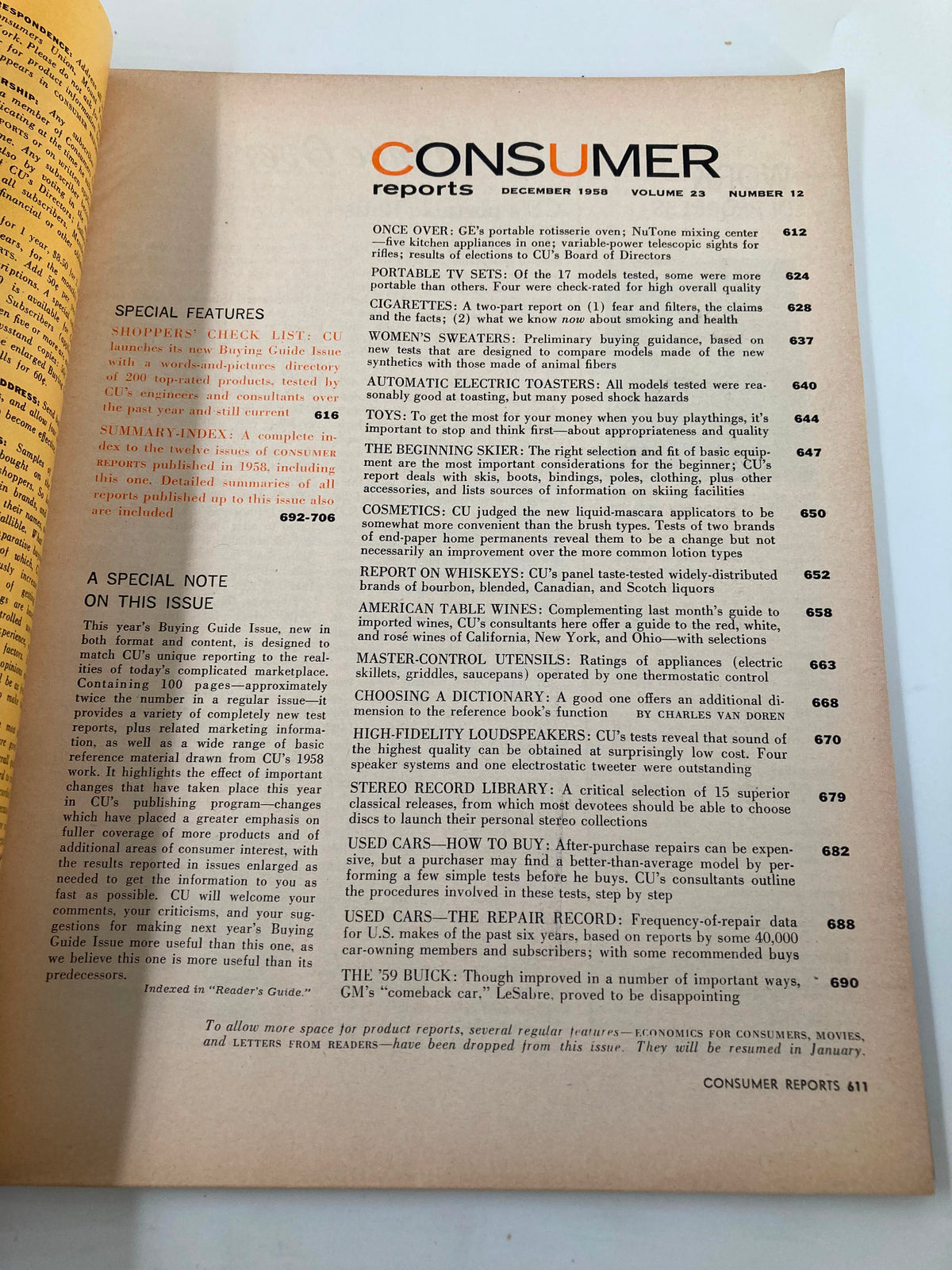 Consumer Reports Magazine December 1958 interior page highlighting special features and a summary index of product tests, emphasizing buying guidance for used cars and other consumer goods.