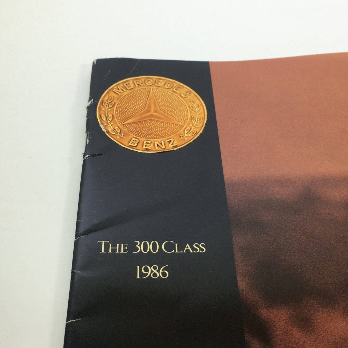 Close-up of the 1986 Mercedes-Benz 300 Class w/Logo Seal Dealership Car Auto Brochure Catalog showcasing the emblem and title design prominently.