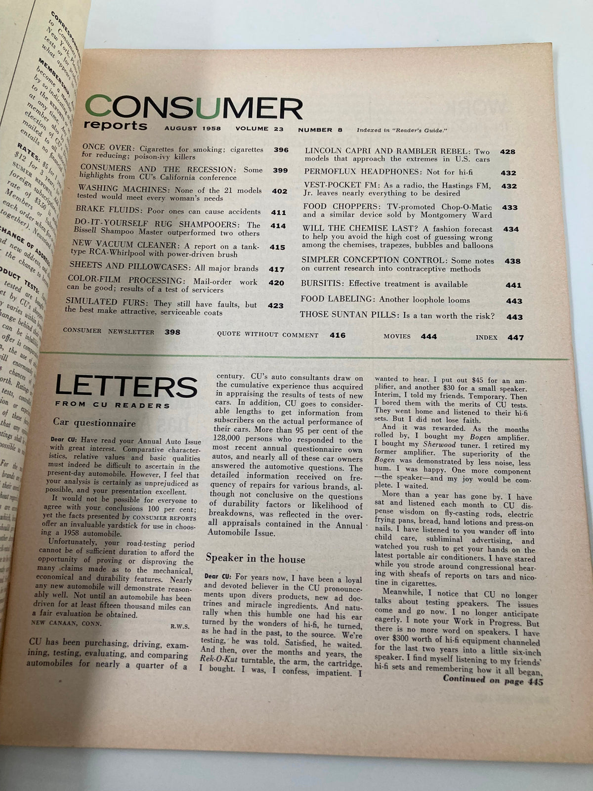 Interior page of VTG Consumer Reports Magazine August 1958, listing articles and features including washing machines and consumer advice.