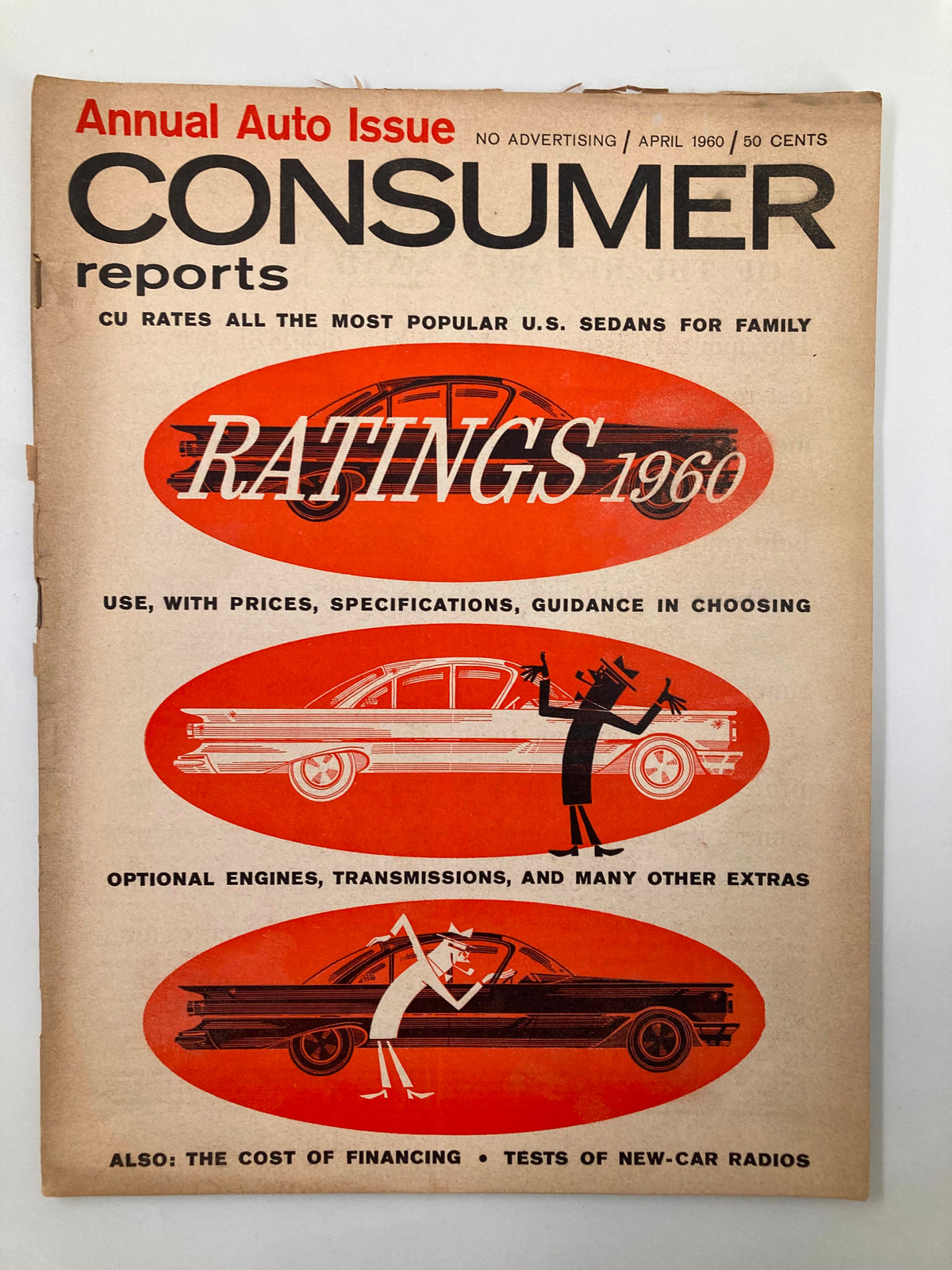 Cover of the VTG Consumer Reports Magazine April 1960, showcasing ratings of the most popular US sedans for families, featuring graphics and a vintage design.
