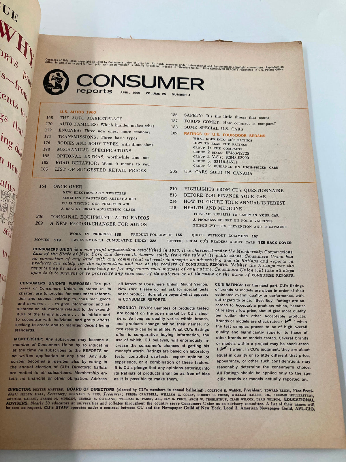 Interior page from the VTG Consumer Reports Magazine April 1960, presenting content such as vehicle specifications and ratings, emphasizing automotive insights from the era.