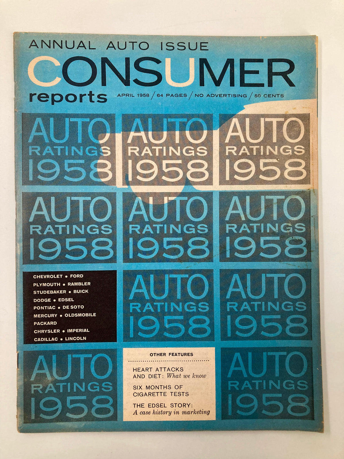Cover of VTG Consumer Reports Magazine from April 1958, featuring the annual auto issue with the title 'AUTO RATINGS 1958'. The magazine showcases automotive ratings, including brands like Chevrolet, Ford, and Plymouth, along with features on health, diet, and marketing history.