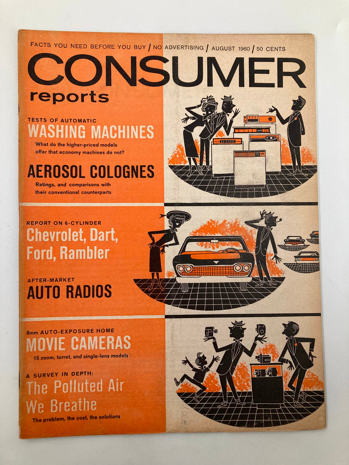 Consumer Reports Magazine cover from August 1960 featuring automotive reviews on Chevrolet, Dart, Ford, and Rambler along with articles on washing machines, aerosol colognes, and auto radios.