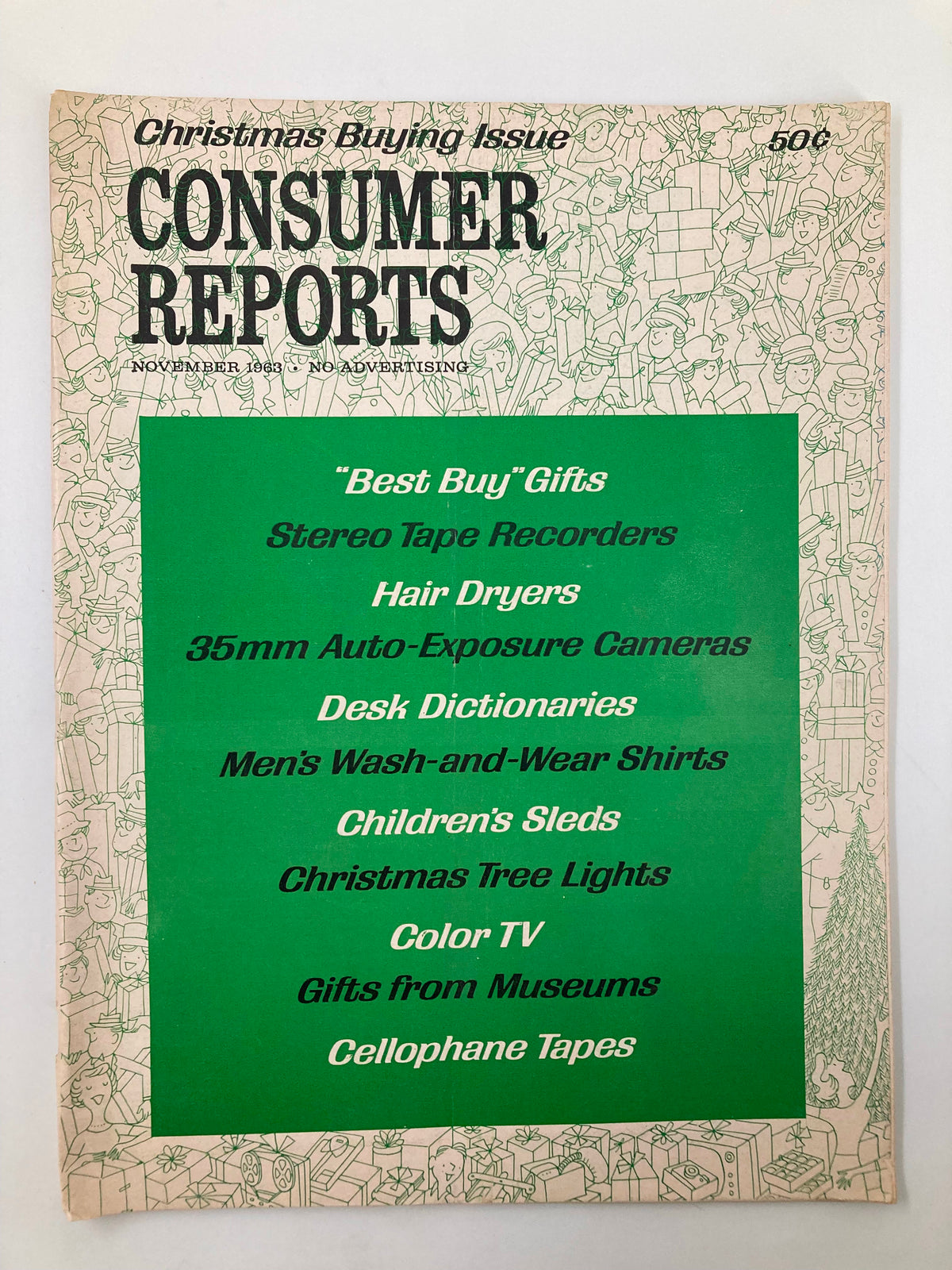 Vintage Consumer Reports Magazine Cover from November 1963 featuring articles on Stereo Tape Recorders and other consumer products with a distinctive Christmas theme.