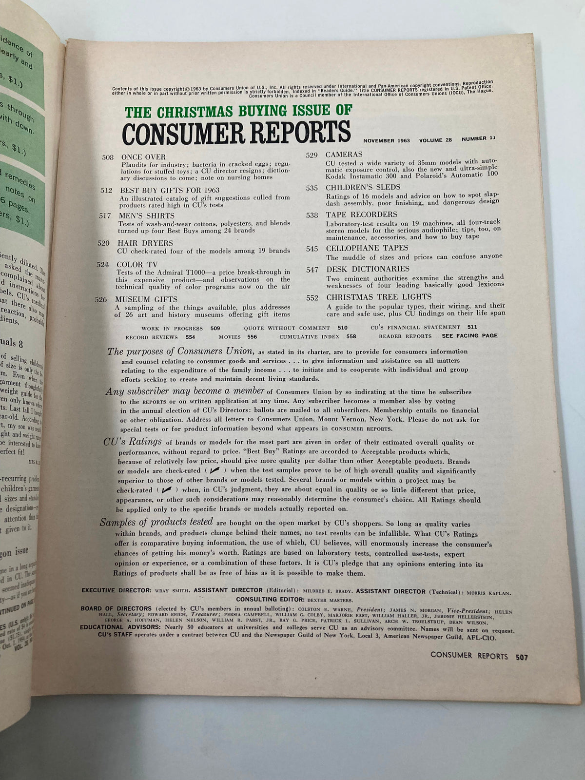 Interior Page of Vintage Consumer Reports Magazine from November 1963 showcasing the Christmas Buying Issue, including product ratings and gift suggestions.