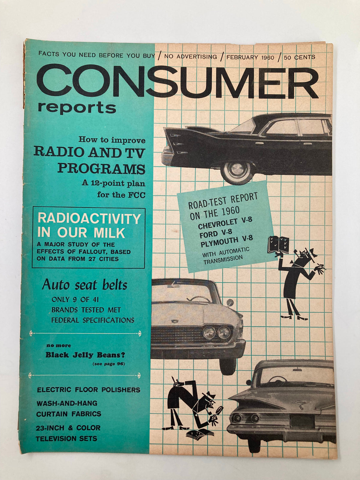 Cover of the VTG Consumer Reports Magazine February 1960 highlighting the topic 'Radioactivity in our Milk', featuring illustrations of cars and consumer products.