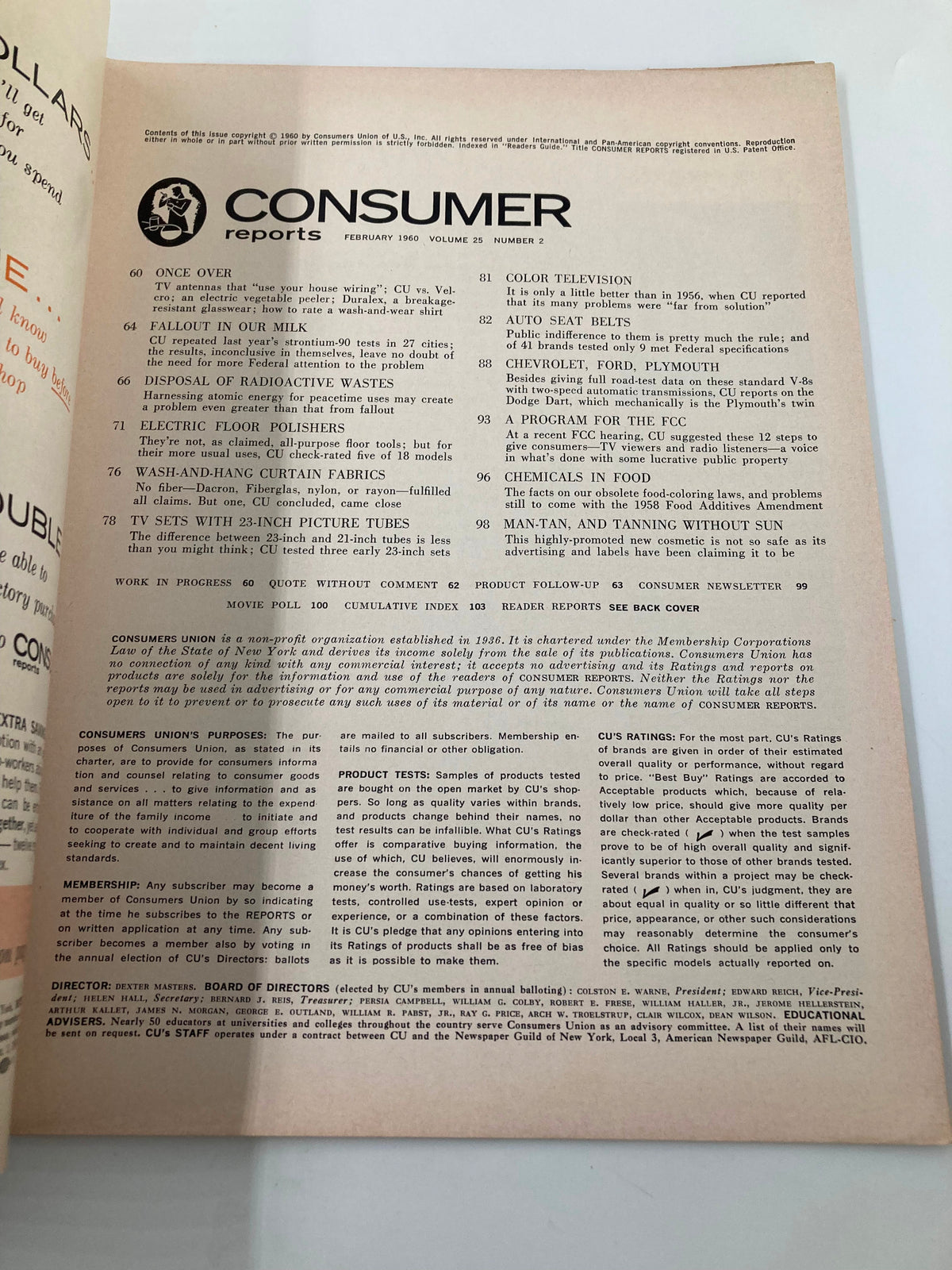 Inside page of the VTG Consumer Reports Magazine February 1960 listing contents, including discussions on radioactivity and consumer safety.