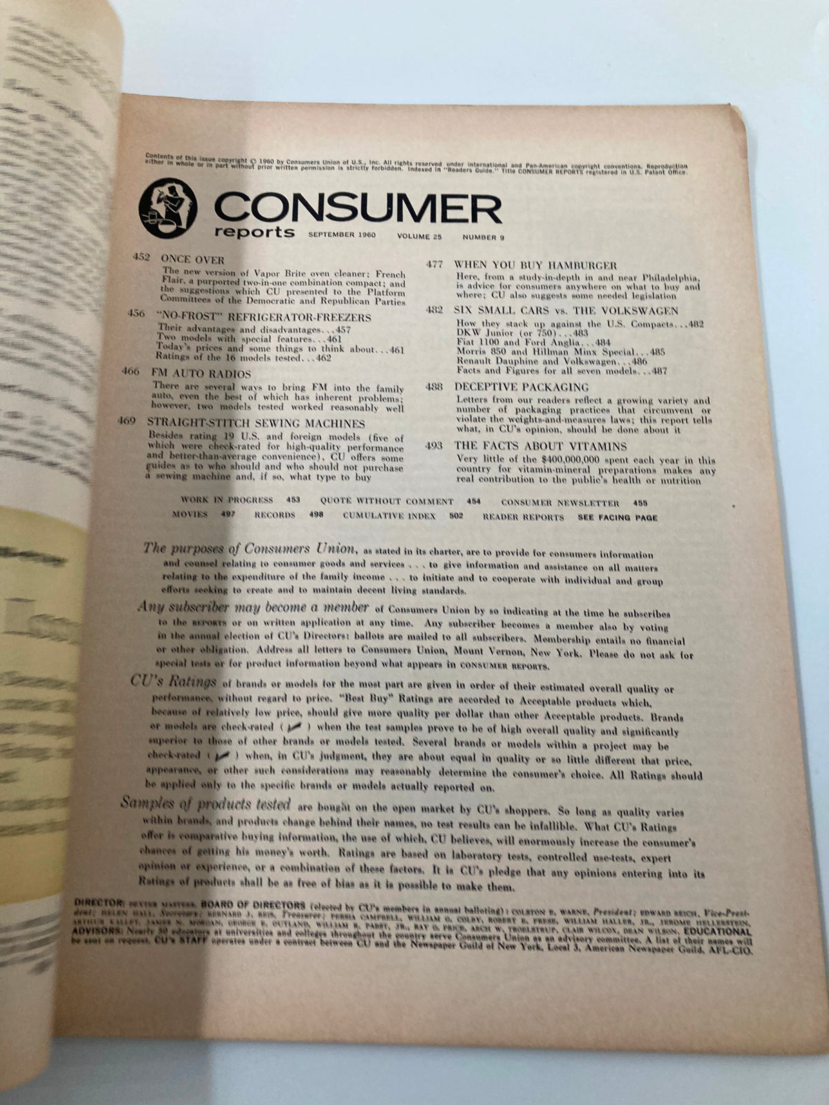 Interior page of VTG Consumer Reports Magazine September 1960 listing articles and features, including health topics and product evaluations.