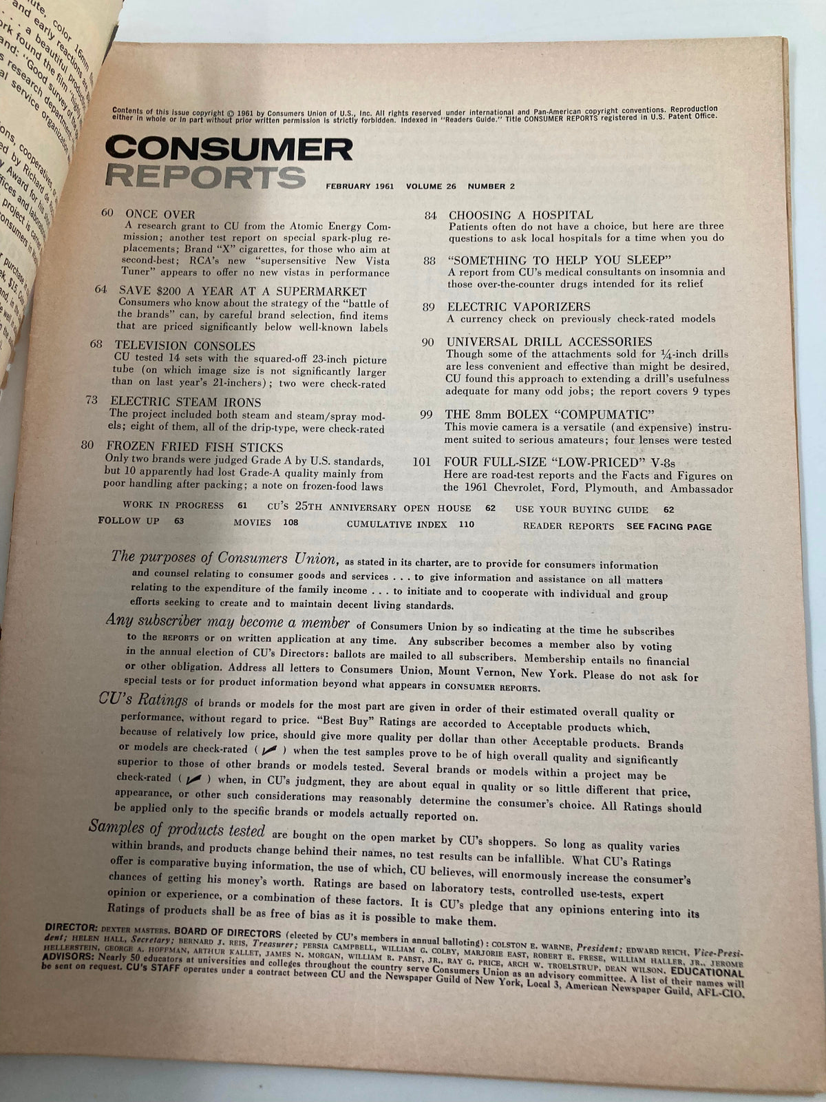 Inside page of VTG Consumer Reports Magazine February 1961 listing various consumer products tested with ratings and detailed information.