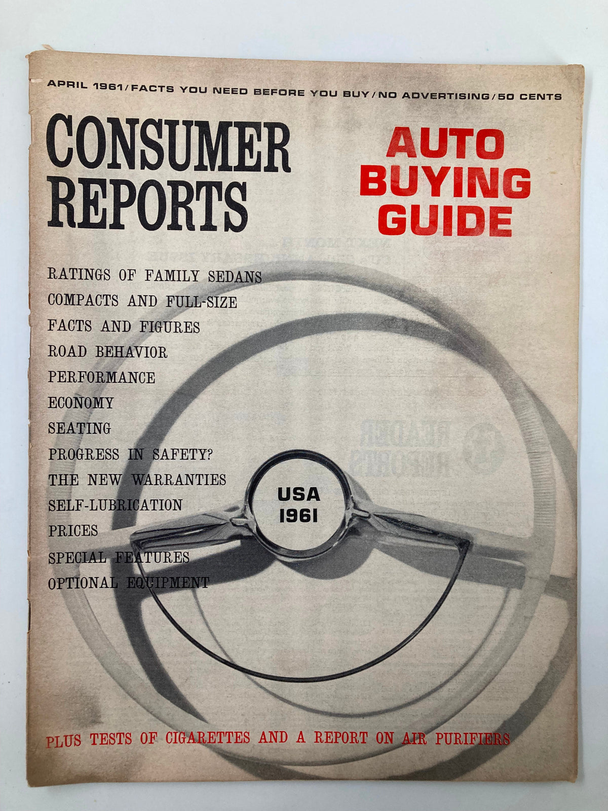 Cover of VTG Consumer Reports Magazine April 1961 featuring an Auto Buying Guide, showcasing ratings and tests on family sedans, air purifiers, and cigarettes.